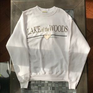 White “Lake is the woods” sweater